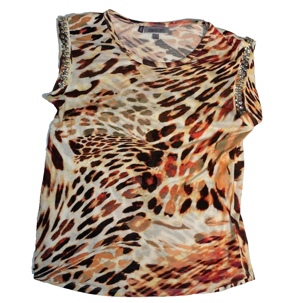 Jennifer Lopez JLO sleeveless top multi colored leopard print rhinestone PM